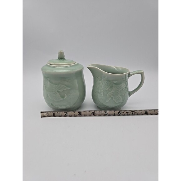 Vintage Chinese Longquan Celadon Green Koi Fish Sugar & Creamer Set 1950-1980 - Picture 8 of 8